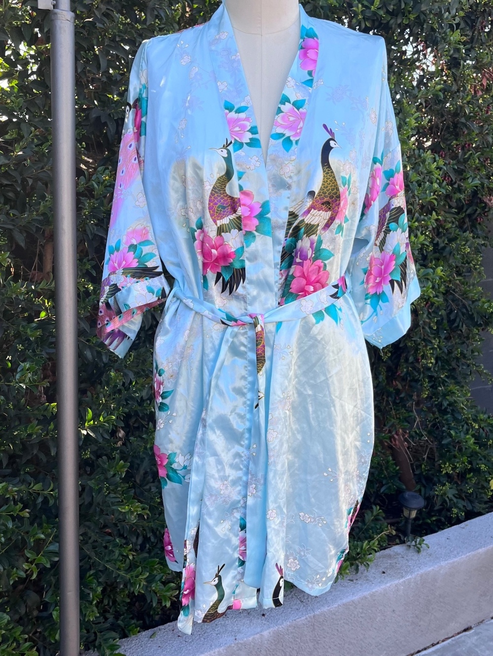 Vintage Peacock & Floral Satin Kimono Robe One Size Blue Pink Lounge Robe
